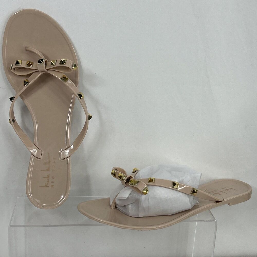 Nicole Miller New York Riran Jelly Flip Flops Sandals 9 Nude Gold Studs